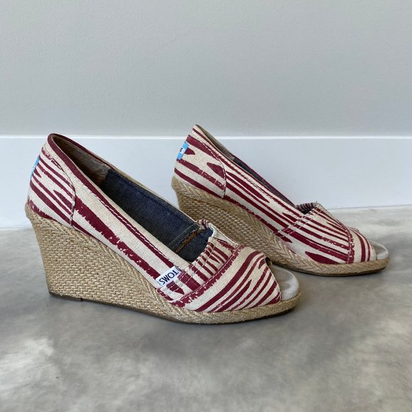 Toms Calypso Canvas Espadrille Peep Toe Wedges 7.5 - Picture 1 of 9